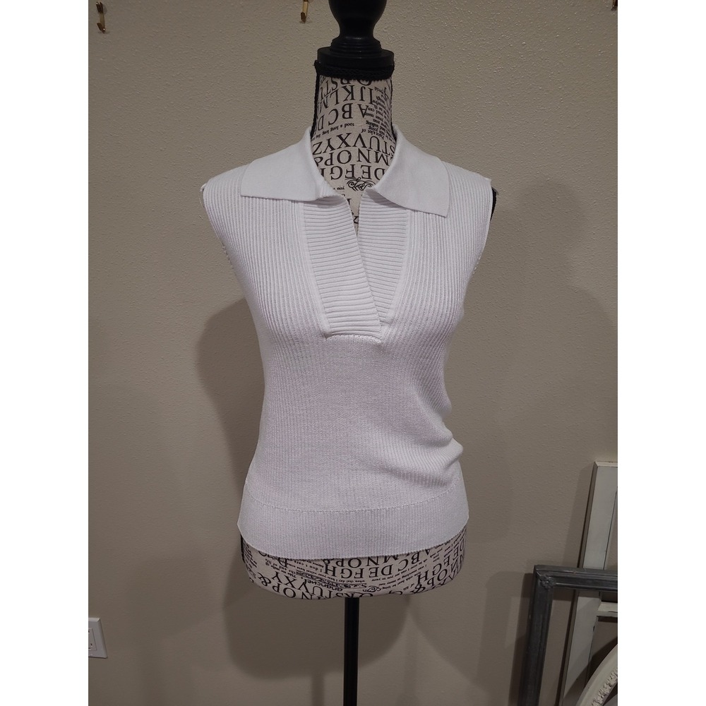 CYRUS White Sleeveless Collared Knit V neck Sweater Vest Top women SZ XS preppy